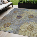 5' X 8' Denim Blue And Gold Floral Washable Indoor Outdoor Area Rug