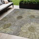5' X 8' Granite Gray And Gold Floral Washable Indoor Outdoor Area Rug