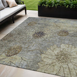 5' X 8' Pewter And Beige Floral Washable Indoor Outdoor Area Rug