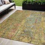 5' X 8' Artichoke Green And Gold Abstract Washable Indoor Outdoor Area Rug
