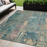 5' X 8' Teal Blue And Gold Abstract Washable Indoor Outdoor Area Rug