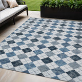 5' X 8' Blue And Ivory Geometric Washable Indoor Outdoor Area Rug