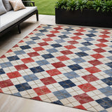 5' X 8' Red Blue And Ivory Geometric Washable Indoor Outdoor Area Rug