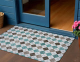 3' X 5' Teal Blue Taupe And Ivory Geometric Washable Indoor Outdoor Area Rug