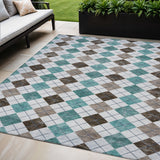 5' X 8' Teal Blue Taupe And Ivory Geometric Washable Indoor Outdoor Area Rug