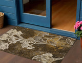 3' X 5' Chocolate And Beige Floral Washable Indoor Outdoor Area Rug