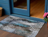 3' X 5' Khaki Ivory And Blue Abstract Washable Indoor Outdoor Area Rug