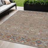 5' X 8' Taupe Blue And Copper Tribal Washable Indoor Outdoor Area Rug