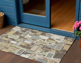 3' X 5' Brown Ivory And Gray Geometric Washable Indoor Outdoor Area Rug