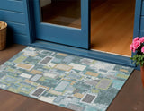 3' X 5' Teal Blue Green And Ivory Geometric Washable Indoor Outdoor Area Rug
