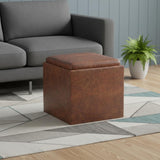 17" Brown Faux Leather Cube Ottoman With Storage