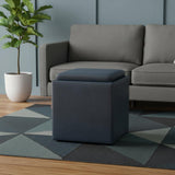 17" Denim Blue Faux Leather Cube Ottoman With Storage