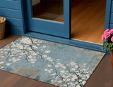 3' X 5' Denim Blue Ivory And Taupe Floral Washable Indoor Outdoor Area Rug
