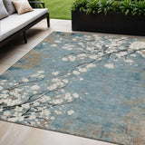 5' X 8' Denim Blue Ivory And Taupe Floral Washable Indoor Outdoor Area Rug