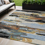 5' X 8' Black Gold And Blue Abstract Washable Indoor Outdoor Area Rug