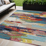 5' X 8' Denim Blue Green Red And Orange Abstract Washable Indoor Outdoor Area Rug