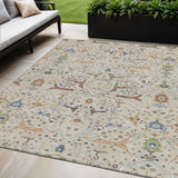 5' X 8' Beige Green And Blue Floral Washable Indoor Outdoor Area Rug