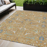 5' X 8' Gold And Blue Floral Washable Indoor Outdoor Area Rug