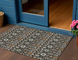 3' X 5' Black And Ivory Floral Washable Indoor Outdoor Area Rug