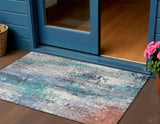3' X 5' Teal Blue Ivory Gray And Copper Abstract Washable Indoor Outdoor Area Rug