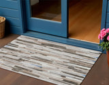 3' X 5' Khaki And Ivory Striped Washable Indoor Outdoor Area Rug