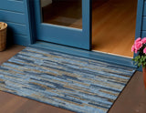 3' X 5' Navy Blue And Taupe Striped Washable Indoor Outdoor Area Rug