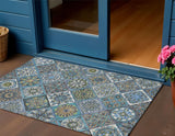 3' X 5' Denim Blue And Green Patchwork Washable Indoor Outdoor Area Rug