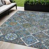 5' X 8' Denim Blue And Green Patchwork Washable Indoor Outdoor Area Rug