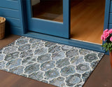 3' X 5' Blue And Ivory Quatrefoil Washable Indoor Outdoor Area Rug