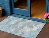 3' X 5' Denim Blue And Ivory Abstract Washable Indoor Outdoor Area Rug