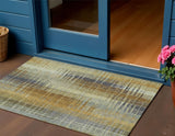 3' X 5' Artichoke Green And Gold Striped Washable Indoor Outdoor Area Rug