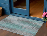 3' X 5' Pale Aqua And Gray Striped Washable Indoor Outdoor Area Rug