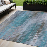 5' X 8' Teal Blue And Gray Striped Washable Indoor Outdoor Area Rug