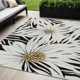 5' X 8' Black Ivory And Gold Floral Washable Indoor Outdoor Area Rug