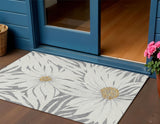 3' X 5' Gray Ivory And Gold Floral Washable Indoor Outdoor Area Rug