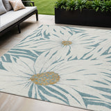 5' X 8' Teal Blue Ivory And Gold Floral Washable Indoor Outdoor Area Rug