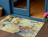 3' X 5' Artichoke Green Yellow And Blue Floral Washable Indoor Outdoor Area Rug