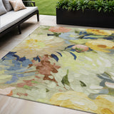 5' X 8' Artichoke Green Yellow And Blue Floral Washable Indoor Outdoor Area Rug