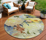8' Artichoke Green Yellow And Blue Round Floral Washable Indoor Outdoor Area Rug