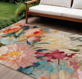 5' X 8' Beige Yellow Teal Blue And Orange Floral Washable Indoor Outdoor Area Rug
