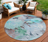 8' Sky Blue Mint Green And Ivory Round Floral Washable Indoor Outdoor Area Rug