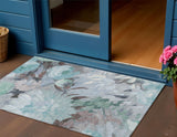3' X 5' Teal Blue Ivory And Gray Floral Washable Indoor Outdoor Area Rug