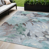5' X 8' Teal Blue Ivory And Gray Floral Washable Indoor Outdoor Area Rug