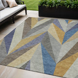5' X 8' Gold Blue And Ivory Geometric Washable Indoor Outdoor Area Rug