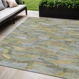 5' X 8' Artichoke Green And Taupe Striped Washable Indoor Outdoor Area Rug