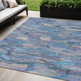 5' X 8' Denim Blue Lavender And Ivory Striped Washable Indoor Outdoor Area Rug
