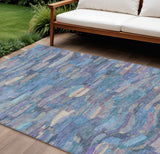 8' X 10' Denim Blue Lavender And Ivory Striped Washable Indoor Outdoor Area Rug