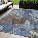 5' X 8' Blue Brown And Ivory Geometric Washable Indoor Outdoor Area Rug