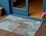 3' X 5' Teal Blue Ivory And Taupe Geometric Washable Indoor Outdoor Area Rug