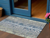 3' X 5' Artichoke Green Ivory And Blue Geometric Washable Indoor Outdoor Area Rug